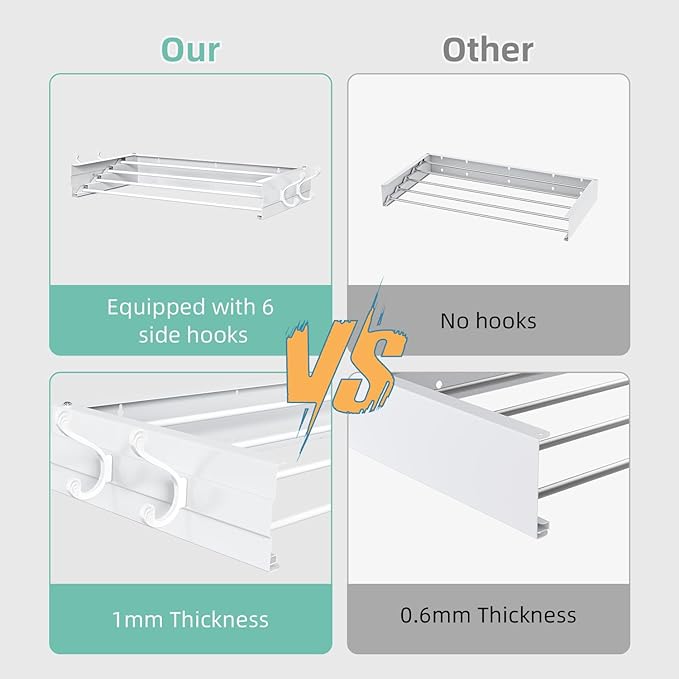 Laundry Drying Rack, Collapsible Wall Mounted Clothes Drying Rack - Foldable,Space Saving, 13.2 Linear Ft, 5 Aluminum Rods, 60 lb Capacity (White, 23.6" Wide)