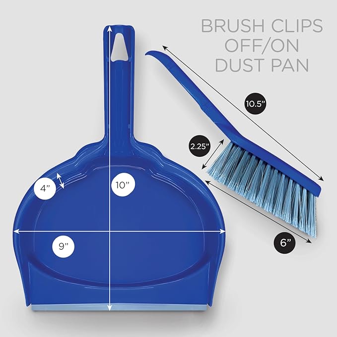 LOLA Clip On Dust Pan & Brush Set, 6 Pack, w/Easy Dust, Dirt & Debris Catching Rubber Lip, Flagged Fiber Bristled Brush, Hang Hole for Easy Storage