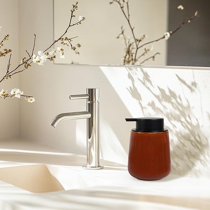 INGOFIN Ceramic Lotion Dispenser - 12 oz Refillable Hand Soap Dispenser Bathroom, Modern Liquid Soap Dispenser with Pump, Dish Dispenser for Kitchen,Kiln-Glazed Red