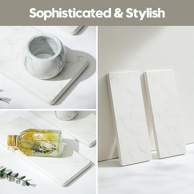 2PCS Diatomite Marble Tray Quick Drying Mat for Kitchen Counter, Water Absorbing Stone Vanity Caddy for Bathroom Sink,Faucet Splash Guard,Soap Dispenser Rack Sponge Holder Organizer, White, 9"x3.5"