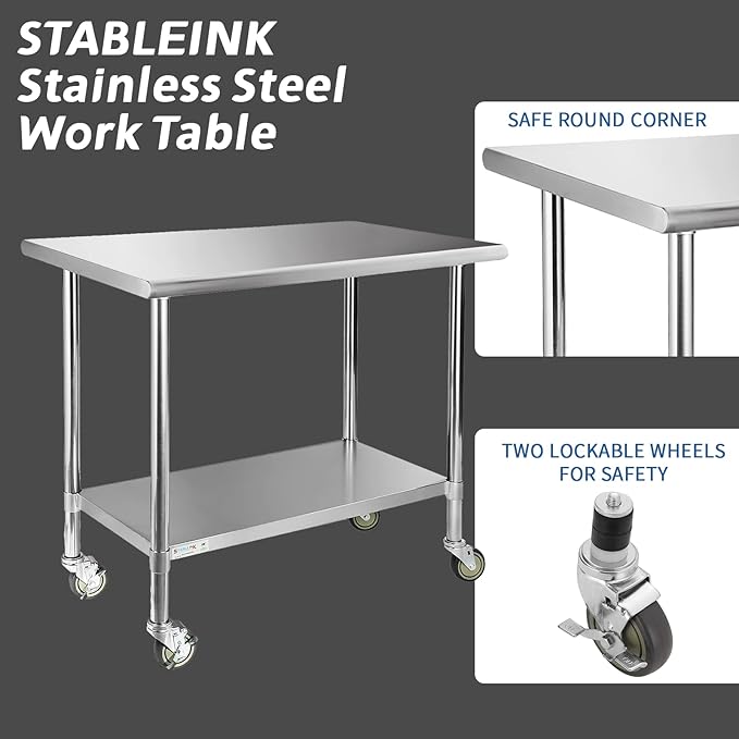 STABLEINK Stainless Steel Table with Caster Wheels 24 x 30 Inches, NSF Commercial Prep & Work Table with Adjustable Undershelf and Table Foot, for Commercial Kitchen, Restaurant, Hotel and Garage