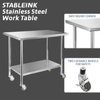STABLEINK Stainless Steel Table with Caster Wheels 24 x 36 Inches, NSF Commercial Prep & Work Table with Adjustable Undershelf and Table Foot, for Commercial Kitchen, Restaurant, Hotel and Garage
