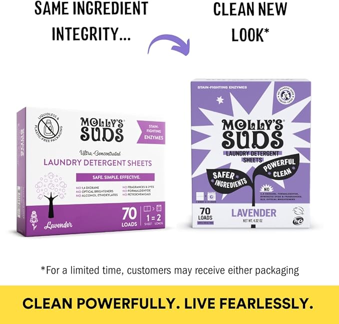 Molly’s Suds Laundry Detergent Sheets | Gentle on Sensitive Skin, Powerful Bio-Based Enzymes, Stain-Fighting | Liquidless & Plastic-Free Packaging | 70 Loads (Lavender)