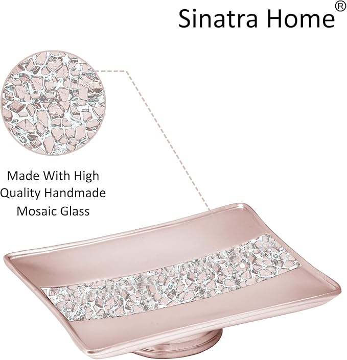 Zahari Home 4pc Sinatra Stylish Bathroom Accessories Set Liquid Soap Dispenser, Tumbler, Tooth Brush Holder and Soap Dish Modern Classic Luxury Decor Bling Mosaic Glass Blush Bathroom Accessories