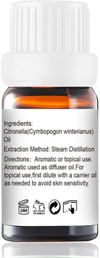 Citronella Essential Oil - 100% Pure Organic Oil for Diffuser, Spray, Candle Making & Skin Care - 10mL Glass Bottle