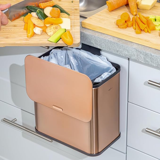 RED FACTOR Stainless Steel Hanging Trash Can with Lid and Inner Bucket – Slim 1.3 Gallon Odor-Free Compost Bin for Kitchen Cabinet, Countertop, Under Sink, or Bathroom (Copper)