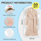 BEISHIDA 50PCS 60 Inch Plastic Garment Bag-Plastic Clear Dry Cleaner Laundry Bags for Clothes Cover, Hanging Clothes Storage for Long Dresses Skirt Coat Suit Shirt Jacket
