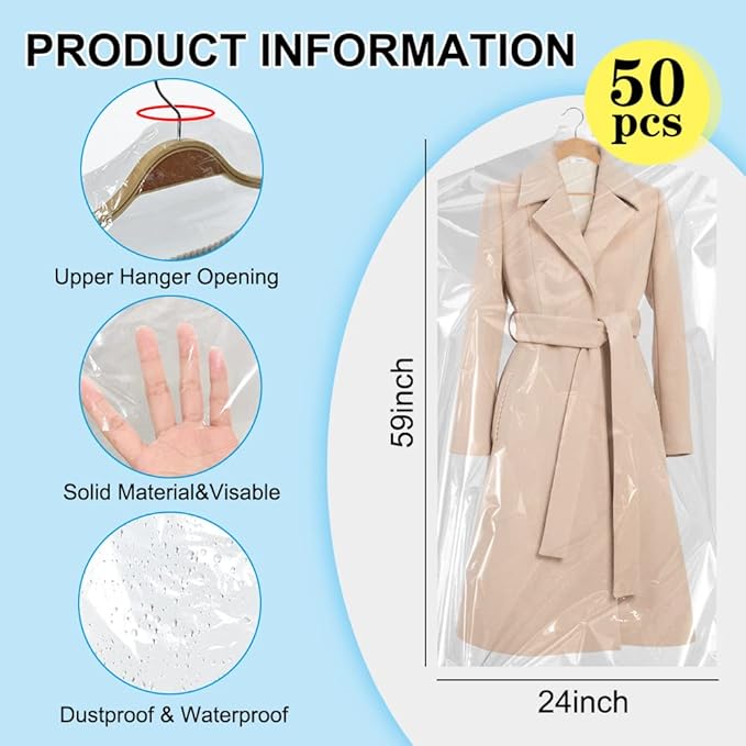 BEISHIDA 50PCS 60 Inch Plastic Garment Bag-Plastic Clear Dry Cleaner Laundry Bags for Clothes Cover, Hanging Clothes Storage for Long Dresses Skirt Coat Suit Shirt Jacket