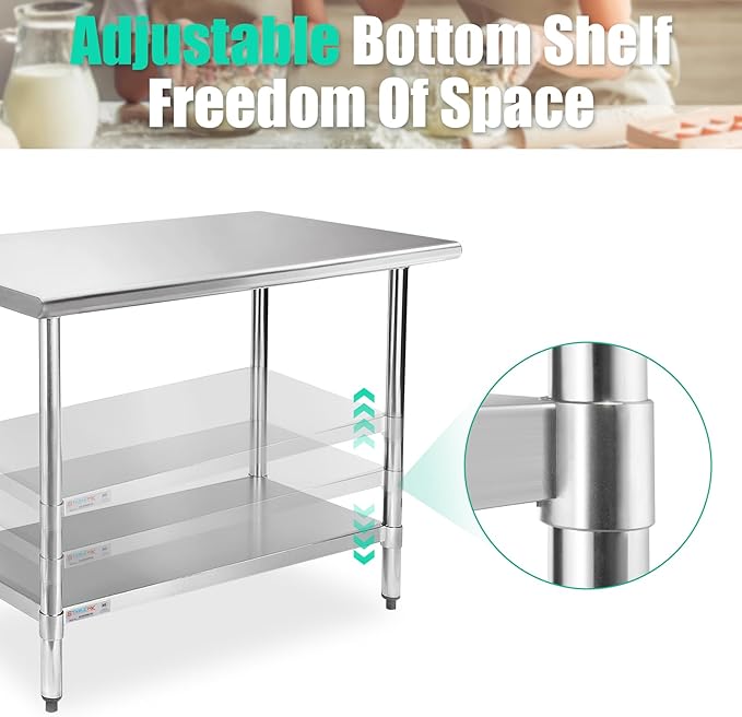 STABLEINK NSF Stainless Steel Table, 30 x 48 Inches 4ft Metal Prep & Work Table with Adjustable Undershelf, for Commercial Kitchen, Restaurant, Hotel and Garage