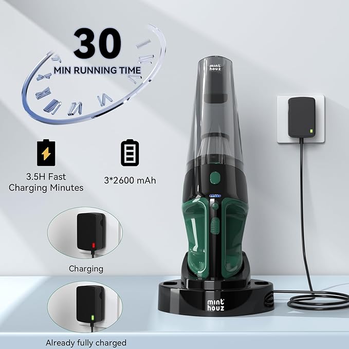 Minthouz Handheld Vacuum Cordless, Strong Suction Car Vacuum Cleaner with LED Light, Long Runtime Hand Vacuum Cordless Rechargeable, Hand Held Vac with Charging Base for Home/Car/Pet/Office
