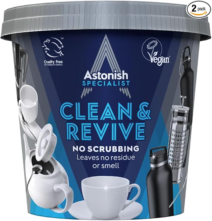 Descaling Foaming Powder | Tea & Coffee Mugs, Pots, Kettles & Stainless Steel | Dissolves Limescale & Eliminates Stains | Astonish Clean & Revive (Pack of 2)