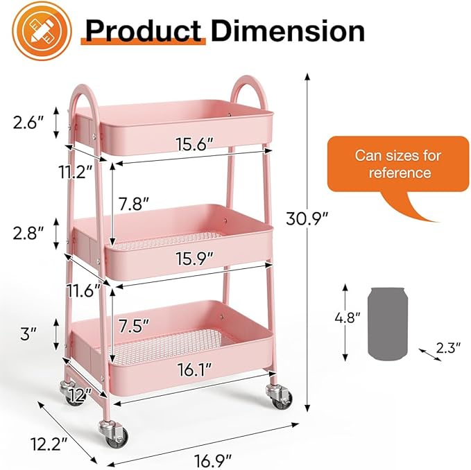 3-Tier Metal Rolling Utility Cart, Small Rolling Cart Kitchen Trolley Bathroom Laundry Room Bar Office Shelves Storage Organizer Shelving Unit with Caster Wheels for Narrow Places, Pink