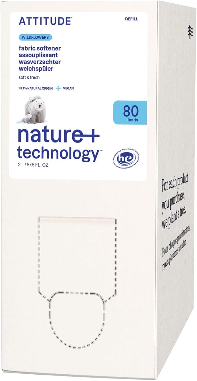 ATTITUDE Liquid Fabric Softener Refill, Plant-Based & Vegan, HE Compatible, Naturally Derived, Wildflowers Scent, 80 Loads, 67.6 Fl Oz
