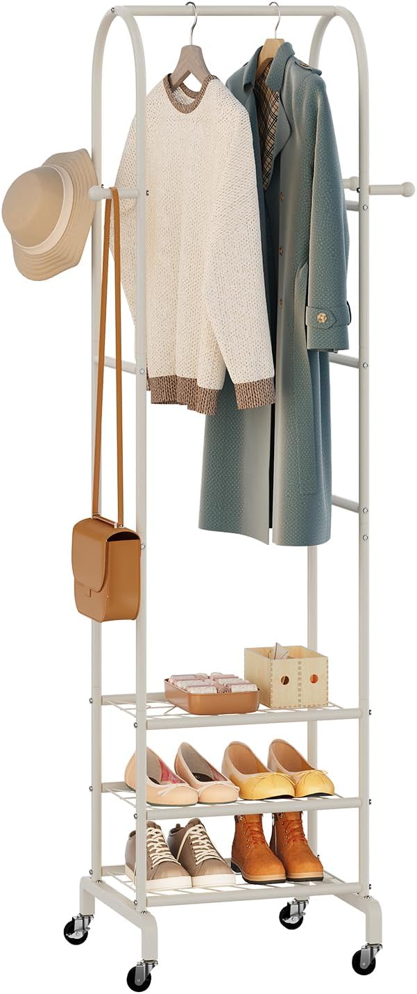 Garment Rack with Wheels,Small Metal Coat Rack With 4 Hooks,Freestanding Heavy Duty Clothing Rack with Shoe Shelves,Hanging Rod for Small Space,Bedroom,Entryway, Office, Living Room (White)