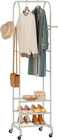 Garment Rack with Wheels,Small Metal Coat Rack With 4 Hooks,Freestanding Heavy Duty Clothing Rack with Shoe Shelves,Hanging Rod for Small Space,Bedroom,Entryway, Office, Living Room (White)