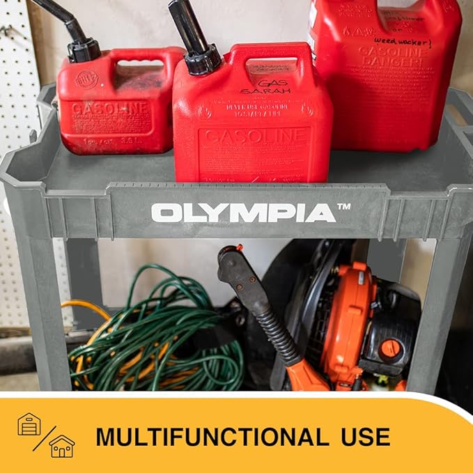 Olympia Tools 2-Shelf Plastic Utility Cart - Supports Up to 500 lbs, Ergonomic Handle - Heavy Duty Plastic Utility Cart - Great for Warehouse, Garage, Manufacturing, Cleaning (Grey)