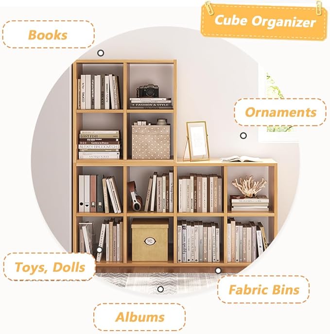 6 Cube Organizer Bookcase - Fabric Storage Bins Container, Open Shelf Simple Compartments Bookshelf, Oak