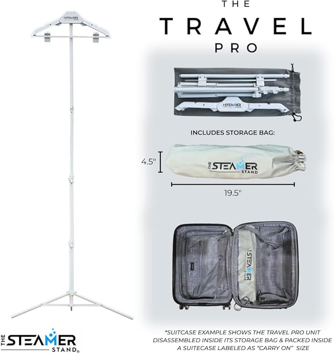 Travel Pro | Adjustable Standing Garment Steaming Rack with Hanger | Fast, Foldable, Sturdy, Portable Steam Ironing Solution for Travel & Home
