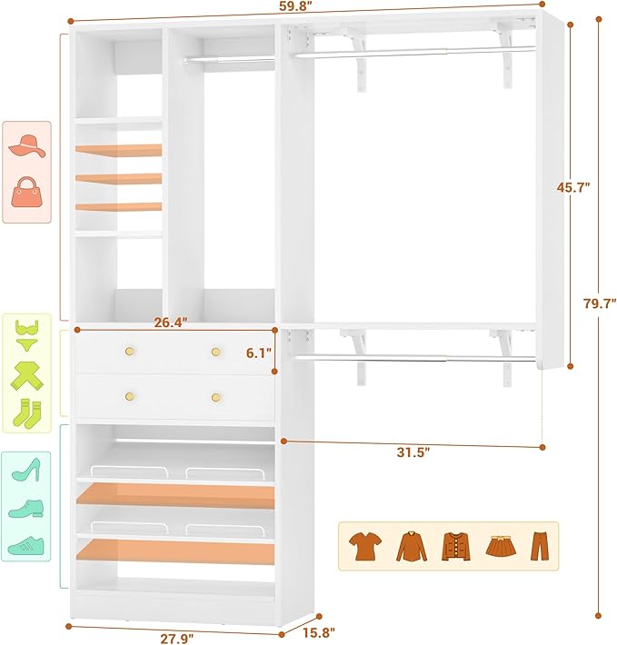 Closet System with 2 Drawers - Reversible 5FT Wood Closet Organizer System with 3 Hanging Rods and Adjustable Shelf Shoe Rack, White