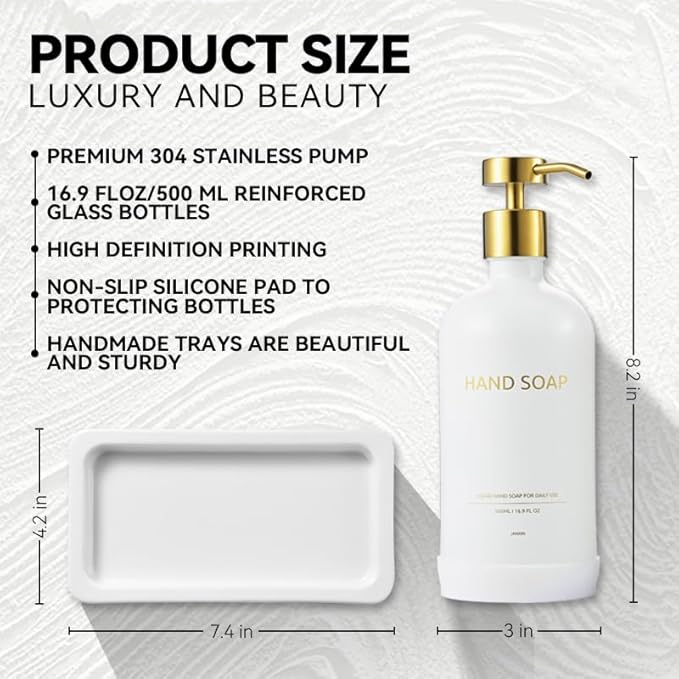 Glass Soap Dispenser Set with Ceramic Tray, 16.9 floz Hand and Dish Soap Dispenser for Bathroom Decor, White and Gold Kitchen Accessories (White Bottles + Gold Pumps)