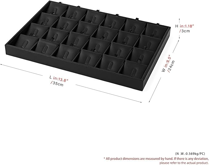Oirlv Black Premium Leather 24 Grid Stackable Jewelry Insert Tray for Rings Organizer and Display