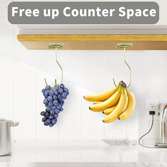 Self-Adhesive Banana Hooks, Foldable Magnetic Hanger Under Cabinet, Sturdy Metal Banana Holder for Kitchen, Space-Saving Design to Keep Bananas Fresh 3 Pieces Gold