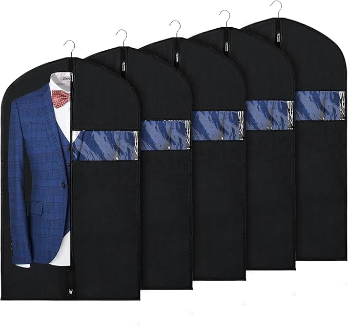 Syeeiex 40" Suit Bag, Set of 5 Garment Bags for Hanging Clothes, Suit Cover Bags for Men or Women, Garment Bags for Suits, Shirts, Sweaters, Jackets - Dustproof and Keep Closet Tidy(Black)