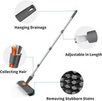 AIR U+ Floor Scrub Brush with Long Handle, Household Cleaning Brush with Right Angled Bristle & Scraper, 360° Swivel Heads, Shower Scrubber for Patio Bathroom Garage Kitchen Wall Deck Tile