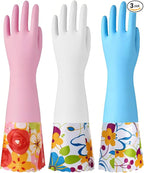 Bamllum 3 Pairs Rubber Cleaning Gloves, Household Kitchen Dishwashing Gloves with Cotton Flocked Liner, Long Cuff 16 Inches, Reusable, Non-Slip (Large, Blue+Pink+White)
