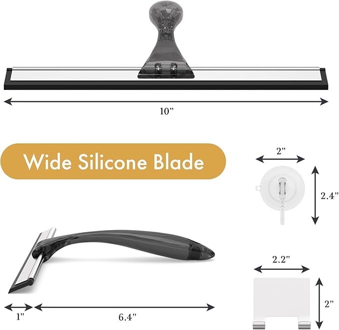 AmazerBath Shower Squeegee for Glass Doors, All-Purpose Squeegee with Suction Hook & Adhesive Hook, Squeegee for Shower Glass, Windows, Mirrors, Tiles and Car Windows - 10 Inches, Clear Black