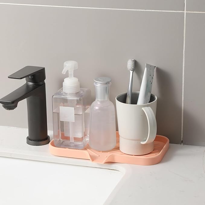 Silicone Bathroom Soap Dishes with Drain Spout-Bathroom and Kitchen Sink Organizer,Sponge Holder,Dish Soap Tray,Perfect for Dispenser,Scrubber,Bottle,Cup on Sink or Counter-Pink 9.6"×5.3"