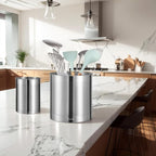 KSENDALO 2 Pack Utensil Crock, 6.6inch Cooking Utensil Holder Stainless Steel Container for Kitchen Counter,Metal Kitchen Spoon Spatula Cutlery Tool Holder Organizer, Silver (2 Pack)