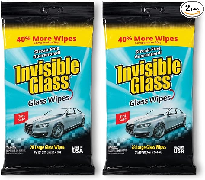 Invisible Glass 90161-2PK Large Glass Cleaning Wipes for Streak-Free Windows, Mirrors, and Glass, Lint-Free, Ammonia-Free, Tint-Safe, for Home and Auto, Flat Pack, 28 Wipes, Pack of 2