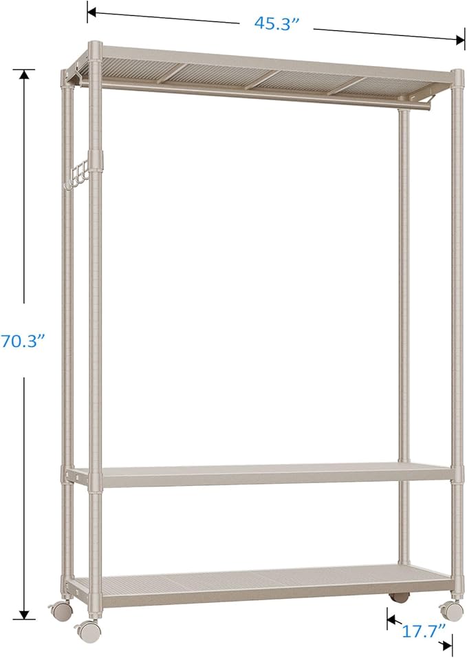 IZEUK Heavy Duty Rolling Garment Rack Wire Clothes Rack for Hanging Clothes (Gold, 3 Tier with 1 Rod, 17.7" D x 45.3" W x 70.3" H)