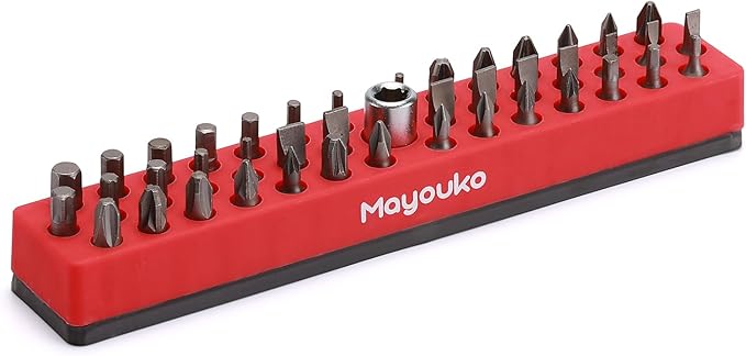 Mayouko 1/4" Magnetic Hex Bit Holder Rack Organizer, 43 Holes, 1/4-Inch Drill Bit Holder, Red, 2 Racks, Magnetic Bit Holder with Magnet Base for Screwdriver Bits