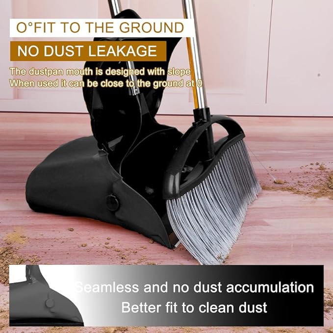 Long Handle Heavy Duty Broom and Dustpan Set, Outdoor and Commercial Upright Dustpan and Brush for Restaurant Garage Garden Yard Office,Black