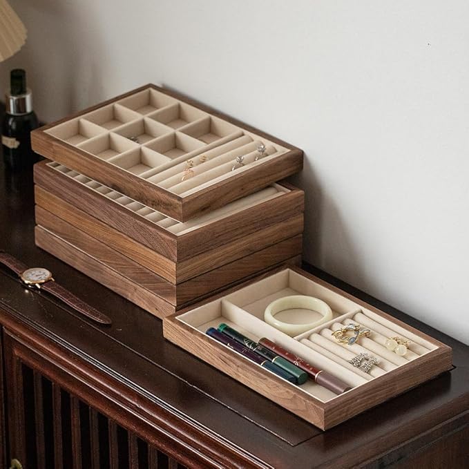 9 Grid Black Walnut Wood Jewelry Tray with Velvet Lining, Stackable Jewelry Organizer for Necklace, Bracelet & Pendant Storage, Premium Elegant Jewelry Drawer Organizer for Women