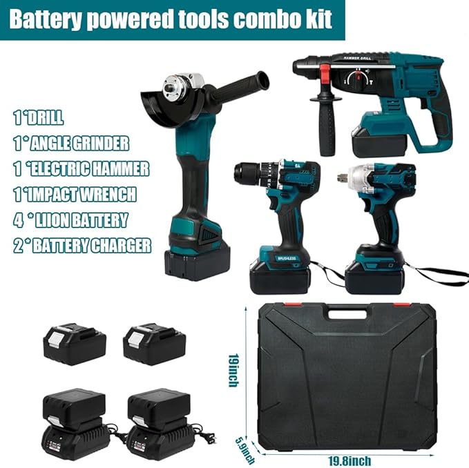 4 Sets Cordless Tools Combo Kit Set SELFIE CAT Drill and Impact Driver Combo High Torque Electric Tools Kit Hammer/Angle Grinder/Impact Wrench/Drill Impact Drill Set With 4 Batteries and 2 Chargers