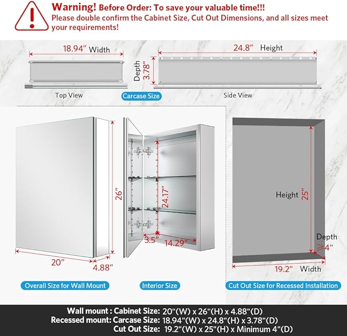 Quavikey Bathroom Medicine Cabinet with Mirror, Aluminum Surface Mount or Recessed Mirror Medicine Cabinet 20x26 Inch, Silver