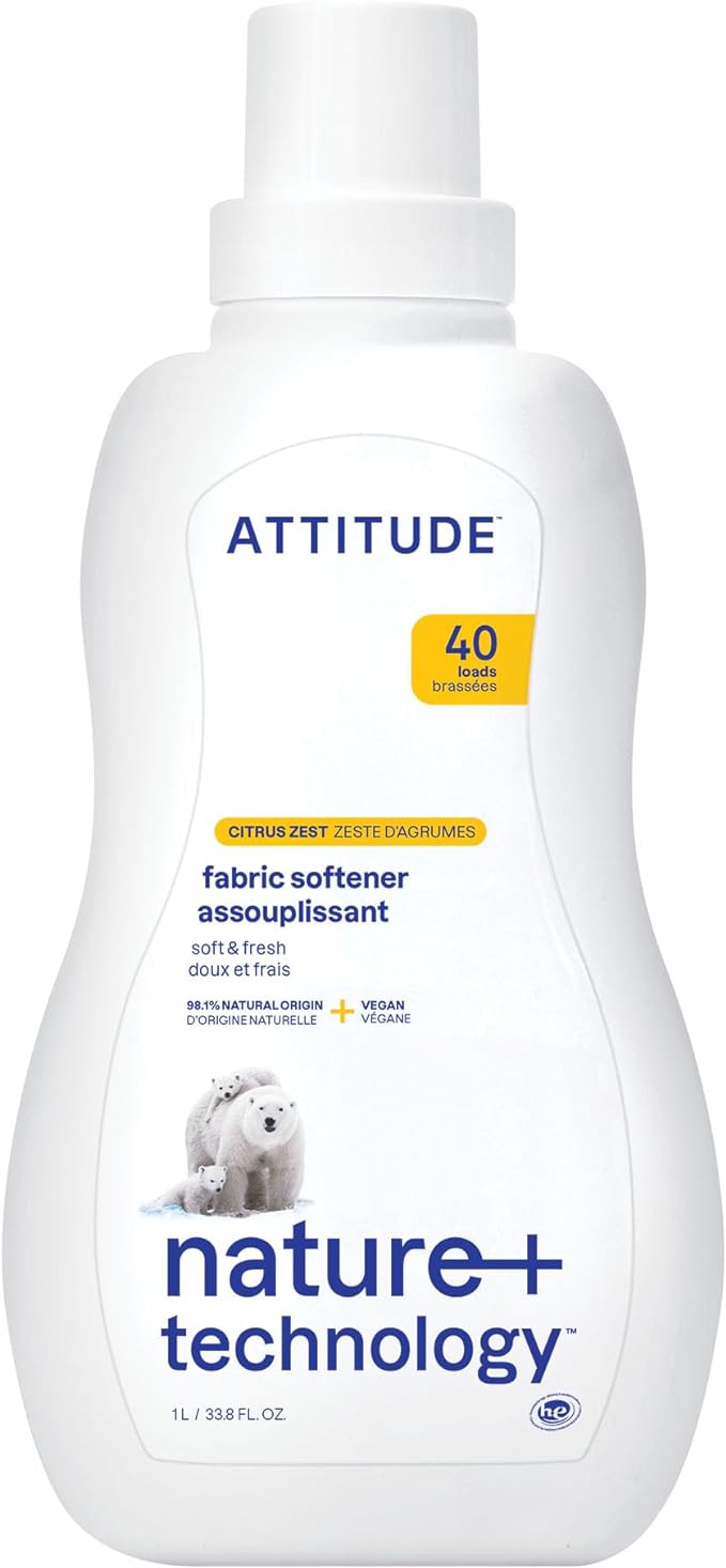 ATTITUDE Liquid Fabric Softener, Plant-Based & Vegan, HE Compatible, Naturally Derived, Citrus Zest Scent, 40 Loads, 33.8 Fl Oz