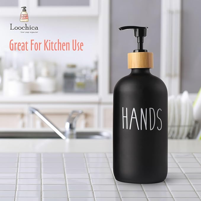 Black Glass Kitchen Soap Dispenser, Detergent Dispenser or Hands Soap Dispenser for Kitchen Sink, Black Soap Dispenser, Modern Farmhouse Decor Dish Soap Pump for Kitchen Organization
