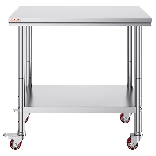 Vevor Mophorn Stainless Steel Work Table 36x24 Inch with 4 Wheels, Casters Heavy Duty Food Prep Worktable for Commercial Kitchen Restaurant, Silver