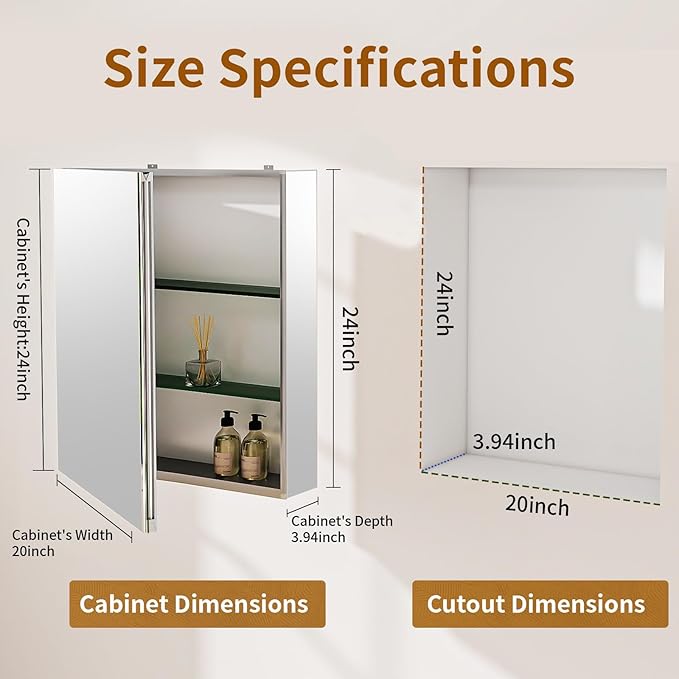 BEAUTYPEAK Bathroom Medicine Cabinet Mirror with Storage, 20 Inch x 24 Inch Silver Medicine Cabinet with Single Door & Adjustable Shelves for Vanity, Tempered, Aluminum Surface, Wall-mount or Recessed