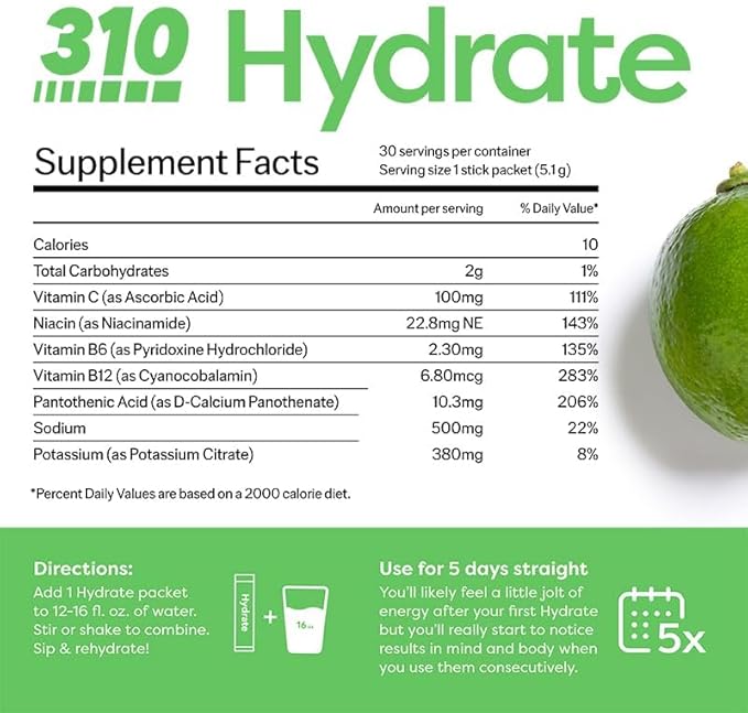 310 Nutrition Sugar Free Electrolytes Powder - Instant Hydration Packets for Daily Fluid Balance - Caffeine-Free Rehydration Drink Mix w/Vitamins, Low Calorie & Keto Friendly - Lemon Lime 30 Singles