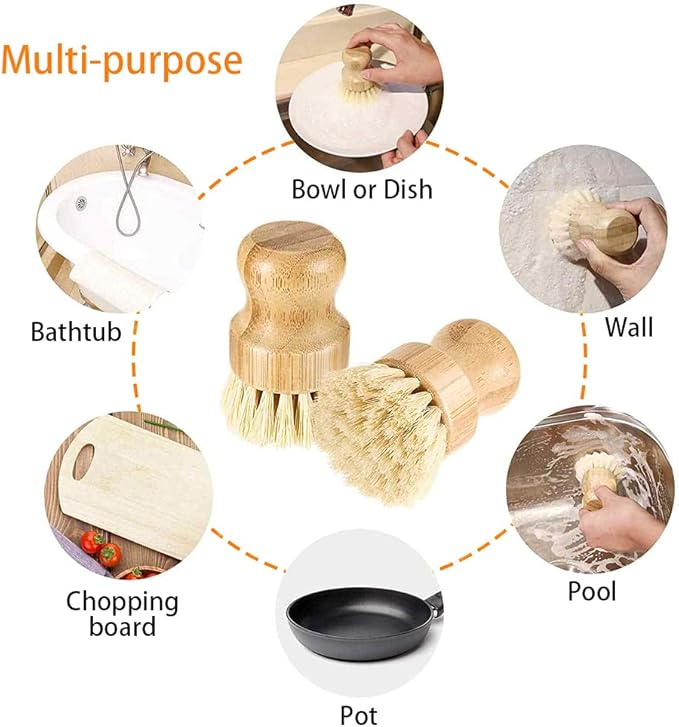 ECO Friendly Kitchen Cleaning Set, Wood & Bamboo Brushes for Dishes, Pots, Pans & Vegetables