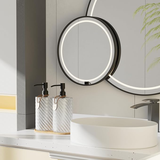 Hand Soap Dispenser Bathroom Set, Glass Dish Soap Dispenser for Kitchen Sink with Wood Tray & Black Stainless Steel Pump,Spiral Stripe Design