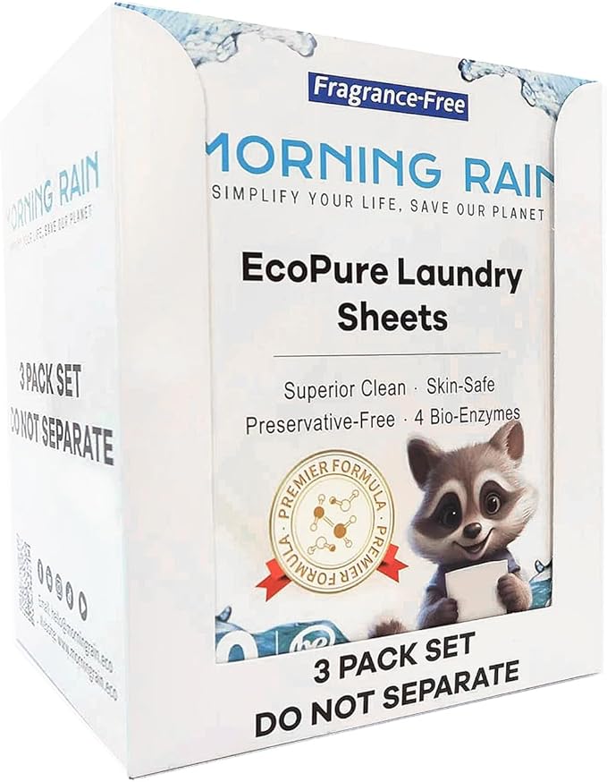 MorningRain Eco Laundry Detergent Sheets - Ingredients from Finland, Unscented, Bio-Enzyme Formula, Power Clean, 90 Sheets (Up to 180 Loads) - Non-Toxic, Preservative-Free, Skin Safe, Designed in USA