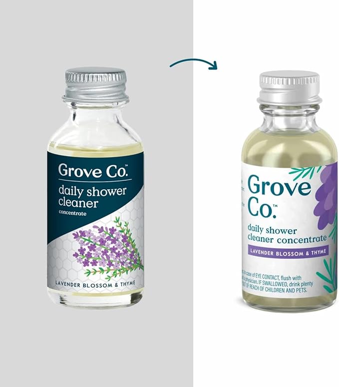 Grove Co. Daily Shower Cleaner, Refill Concentrate (2 x 1 Fl Oz) + 1 x Reusable Glass Spray Bottle (16 Oz), Plant-Based Cleaning Supplies, Reduced Plastic, Lavender Blossom & Thyme Fragrance