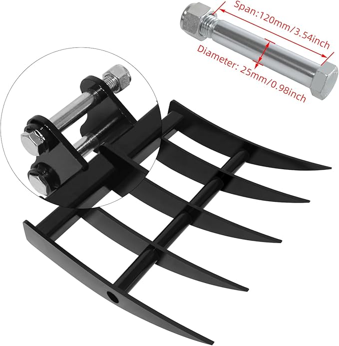 Mini Excavator Attachment Rake，Small Diggers Metal Backhoe Rake，3.54" Span, 0.98" Pin Hole，Includes 2 Link Pins，Fit for Mini Excavator