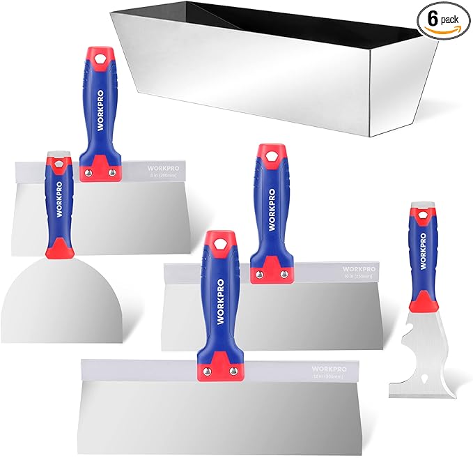 WORKPRO Drywall Tools, Stainless Steel Taping Knife 8 in 1 Painting Scraper with Mud Pan, Spackle Knife Set for Drywall Repairing, Paint Scraping and Wallpaper Removing